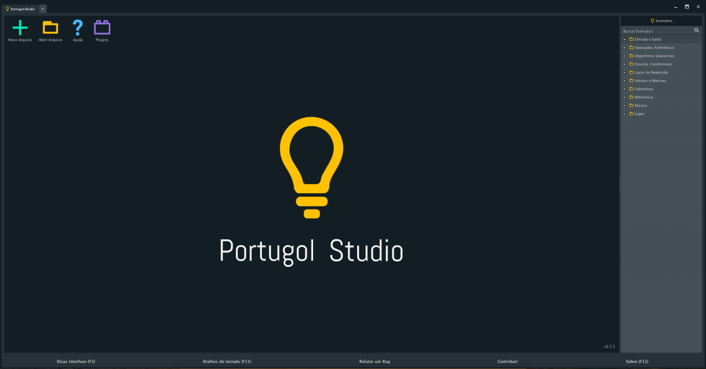 Página inicial do Portugol Studio
